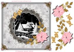 8x8 Black and White Christmas Cottage with Gold Holly