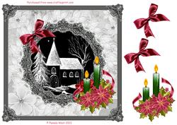 8x8 Black and White Church with Red Poinsettia