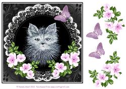 8x8 Black and White Cat with Wild Roses Decoupage