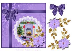 8x8 Cat by the Fire with Poinsettia and Bow Decoupage