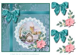 8x8 Church in Snow with Bow and Poinsettia Decoupage
