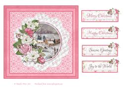 8x8 Winter Cottages Pink Christmas Card with Floral Frame