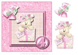 8x8 Pink Birthday Bear 4th Birthday with Decoupage