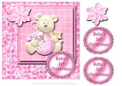 8x8 Baby Girl's First Christmas Card with Bear and Decoupage