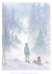 A4 Sledging in the Snow Watercolour Background
