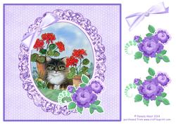 8 x 8 Cat and Geraniums Decoupage Card