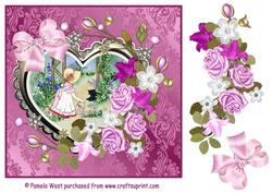Girl Watering the Flowers with Heart Frame and Decoupage