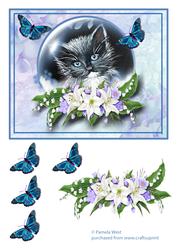 Cat in a Bubble with Lilies and Butterflies Decoupage Sheet