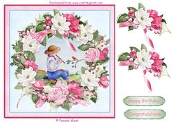 Boy Playing the Flute. Card Topper with Floral Decoupage