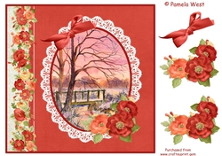 Winter Sunset card topper with Poppy and bow decoupage