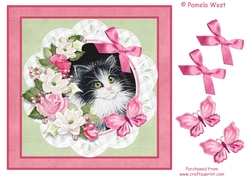 Black and White Kitten with floral frame and butterflies
