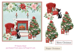 Black cat by the fireside Christmas card topper