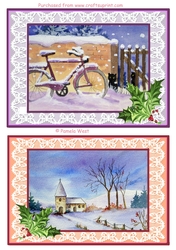 Bicycle in Snow and Church in Snow 2 watercolour toppers