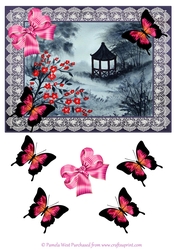 A5 card topper. Oriental garden with Butterflies and Bows Decoupage
