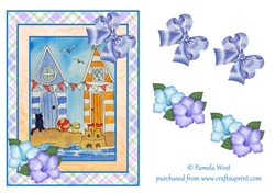 A5 beach scene with beach huts and black cat. Card topper with decoupage