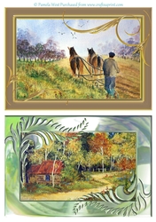 2 A5 card toppers. Ploughing the field and Cabin in the Woods. suitable for mens / male cards