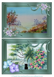 2 A5 card toppers Autumn Mists and Cat by the pond