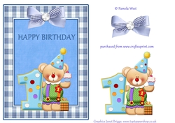 Boy Happy 1st birthday card topper with bear and bow decoupage