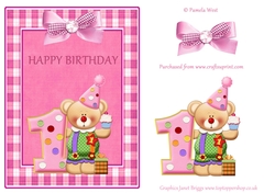 Girl Happy 1st birthday card topper with bear and bow decoupage
