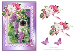 A5 card topper Cat and Lilacs with decoupage