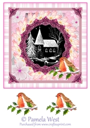 8X8 Christmas card topper Church in Snow with Robin Decoupage