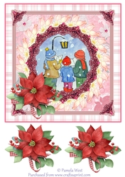 8X8 Christmas card topper Carol Singers with Poinsettia Decoupage