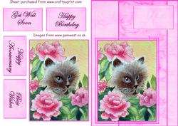Cat and Pink Roses, Decoupage Card with Sentiments