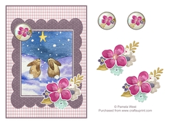 2 Rabbits in Snow, card with floral decoupage