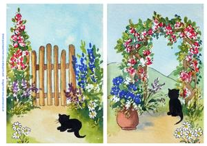 2 Original Paintings of Black Cats in Gardens card topper designer resource