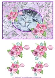 Sleeping Kitten With Flowers, card topper with floral decoupage