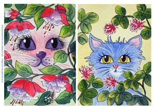 Pink Cat and Blue Cat - Original Watercolour Paintings.