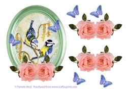 Bluetits with flowers and butterflies decoupage