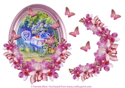 Tea in the garden with flowers and butterflies decoupage
