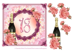18th Birthday card with roses and champagne bottle decoupage