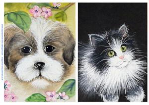 Original Paintings, Puppy and Black and White Cat