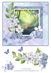 Bluebells in the Woods. card topper with floral and butterfly decoupage