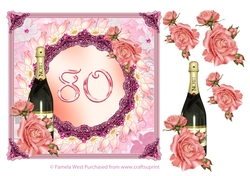 80th Birthday or anniversary card with roses and Champagne bottle decoupage