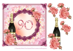 90th Birthday or anniversary card with roses and Champagne bottle decoupage