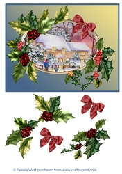 Christmas cottages card topper with Holly and bow decoupage