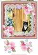 8x8 card topper Cat by the Door with floral decoupage