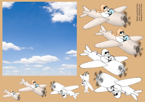 Snowman, flying a plane, 3 sizes, can be decoupaged, 6 square sky background