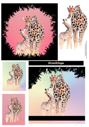 Giraffe greeting, adult, baby, makes two cards