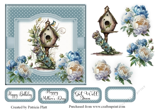 Blue and white Peonies Birdhouse 6x6 topper