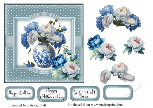 Blue and white Peonies Vase 6x6 topper