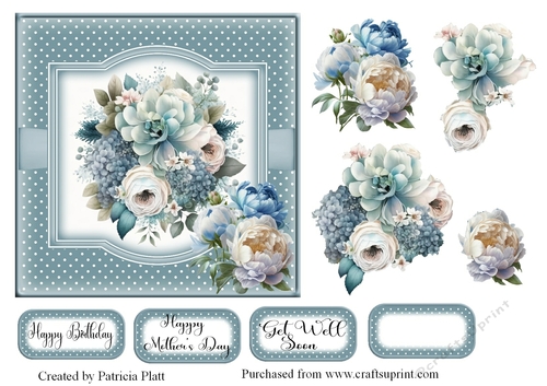 Blue and white Peonies Flowers 6x6 topper