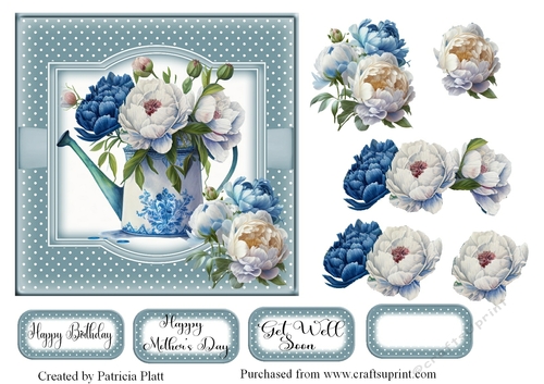 Blue and white Peonies Watering Can 6x6 topper
