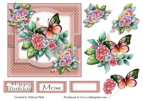 Pink Flowers and Butterflies 6x6 card topper