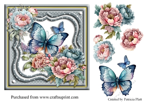 Blue Butterfly and Peonies #1 7x7 Topper