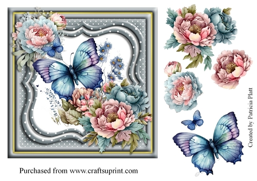 Blue Butterfly and Peonies #2 7x7 Topper