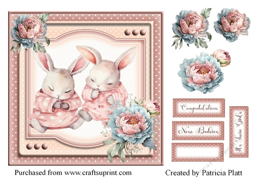 Twin Baby Bunny Girls 7x7 Card Topper